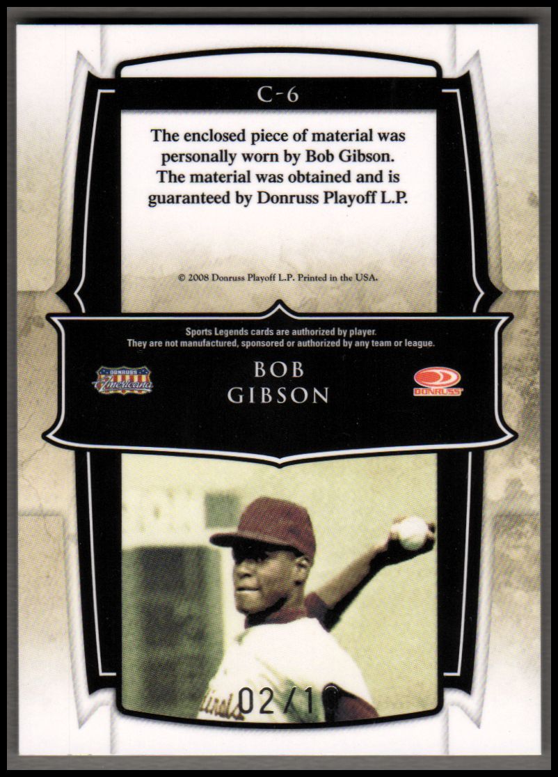 2008 Donruss Sports Legends Champions Materials #6 Bob Gibson Jsy/10 back image