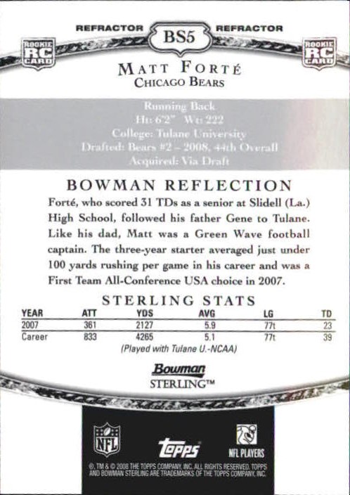 2008 Bowman Sterling Rookie Blue Refractors #BS5 Matt Forte back image