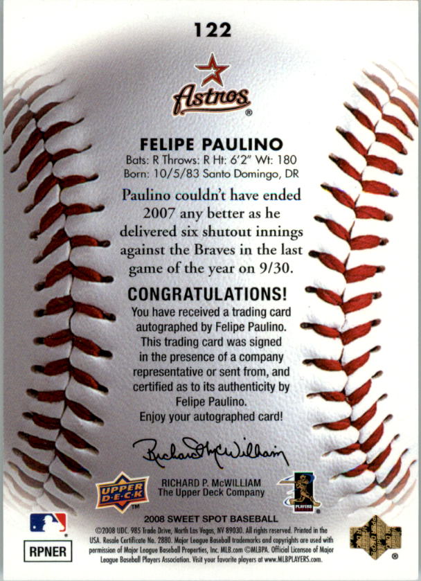 2008 Sweet Spot #122 Felipe Paulino AU/499 RC back image