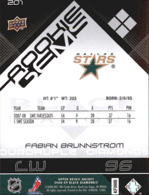 2008-09 Black Diamond #201 Fabian Brunnstrom RC back image
