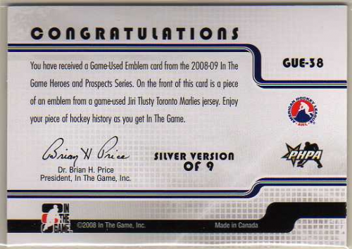 2008-09 ITG Heroes and Prospects Emblems #GUE38 Jiri Tlusty back image