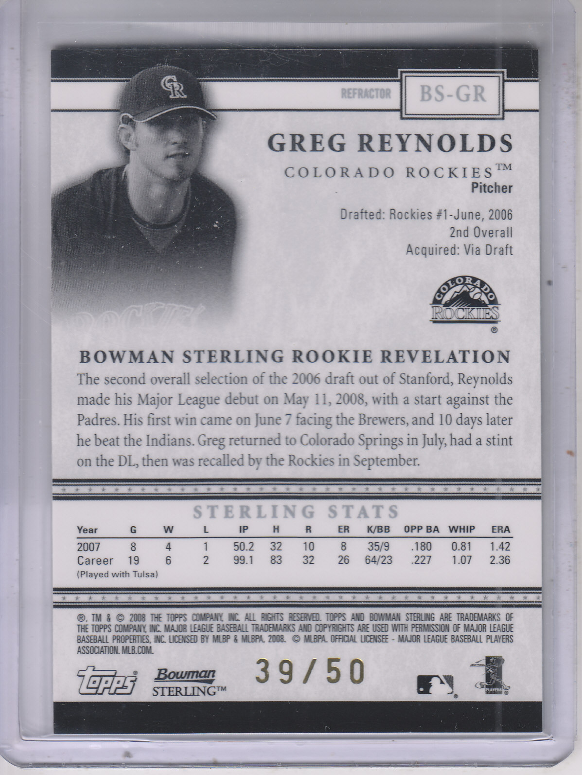 2008 Bowman Sterling Gold Refractors #GR Greg Reynolds back image
