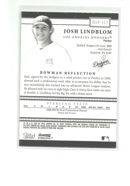 2008 Bowman Sterling Prospects #JLI Josh Lindblom AU back image