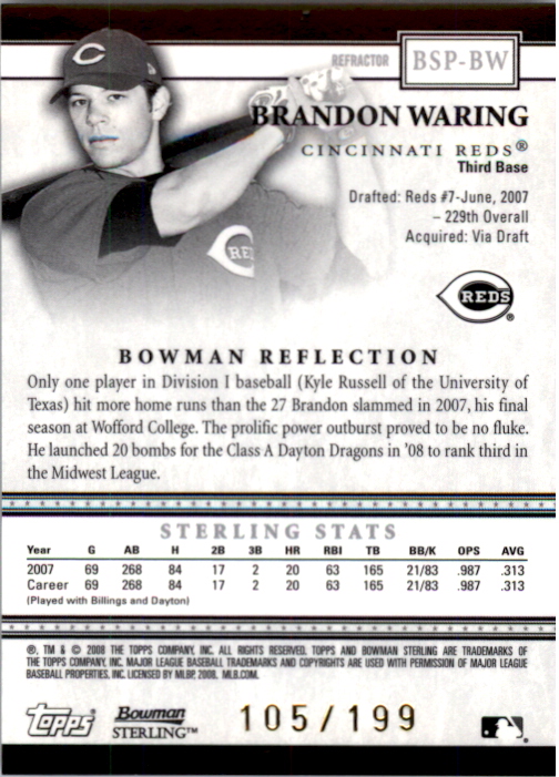 2008 Bowman Sterling Prospects Refractors #BW Brandon Waring back image