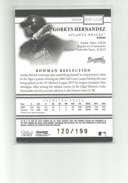 2008 Bowman Sterling Prospects Refractors #GGH Gorkys Hernandez Jsy AU back image