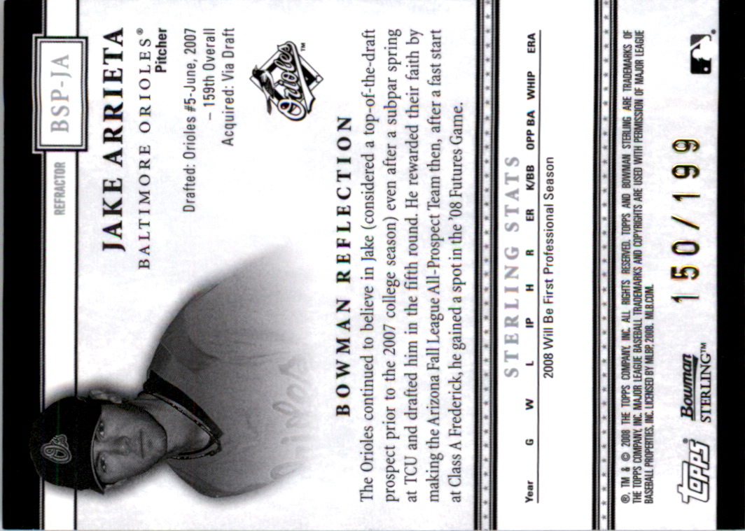 2008 Bowman Sterling Prospects Refractors #JA Jake Arrieta Jsy AU back image