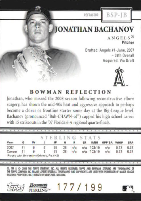 2008 Bowman Sterling Prospects Refractors #JB Jonathan Bachanov back image