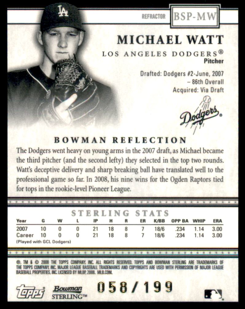 2008 Bowman Sterling Prospects Refractors #MW Michael Watt back image