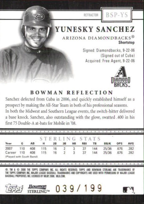 2008 Bowman Sterling Prospects Refractors #YS Yunesky Sanchez back image