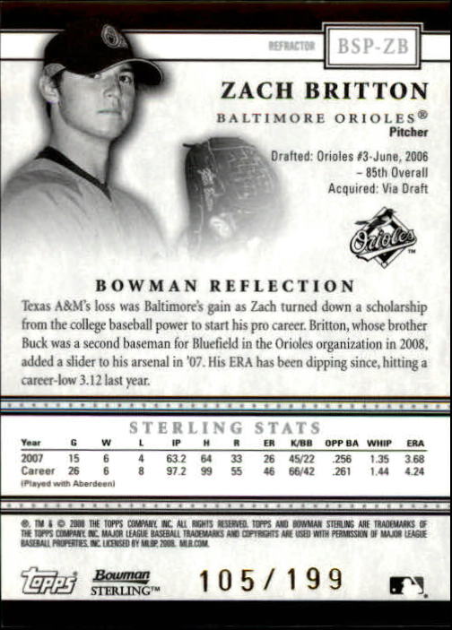 2008 Bowman Sterling Prospects Refractors #ZB Zach Britton back image