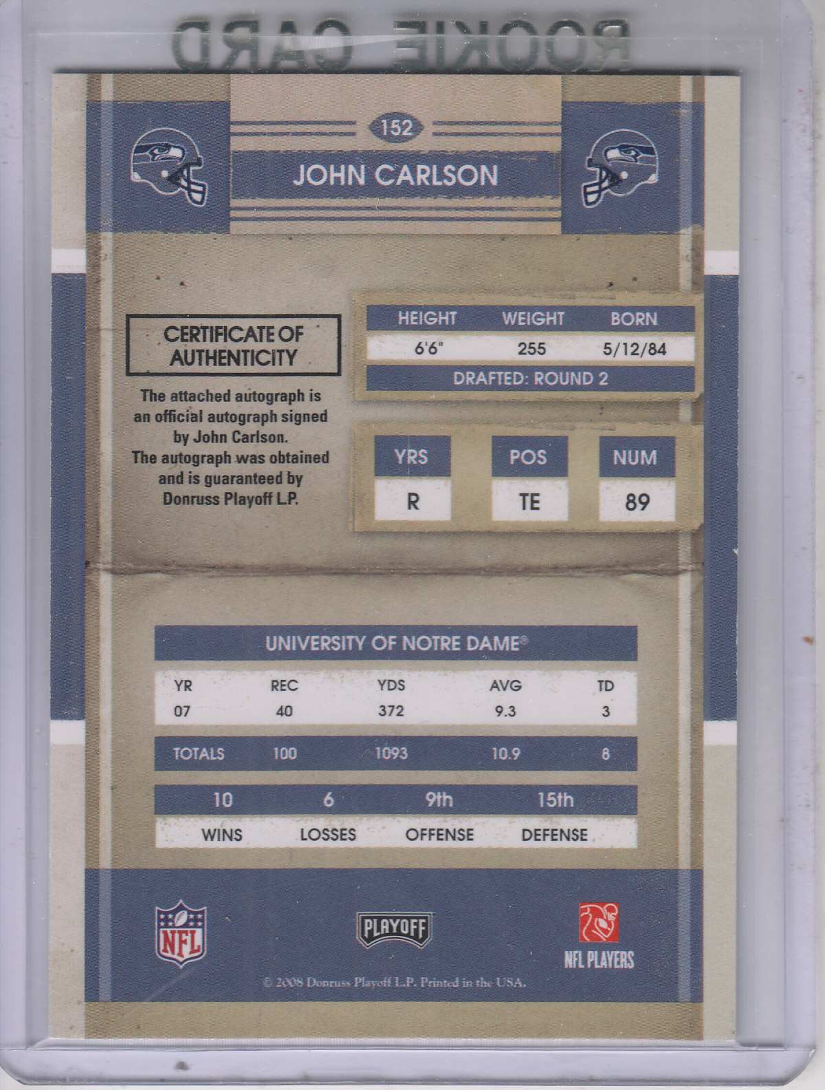 2008 Playoff Contenders #152 John Carlson AU RC back image