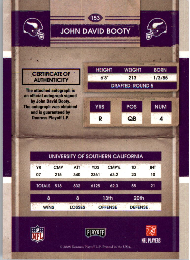 2008 Playoff Contenders #153 John David Booty AU RC back image
