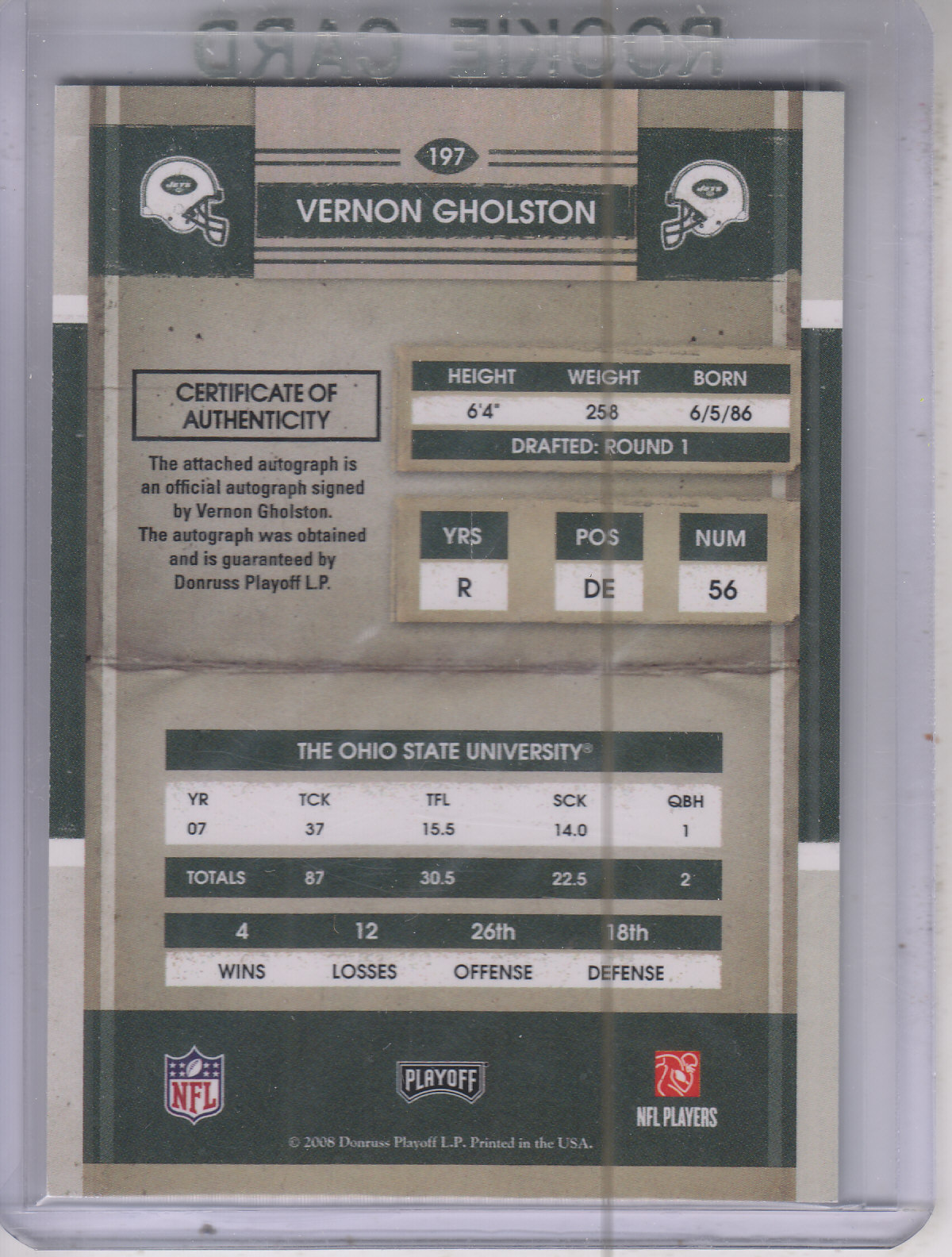 2008 Playoff Contenders #197 Vernon Gholston AU RC back image