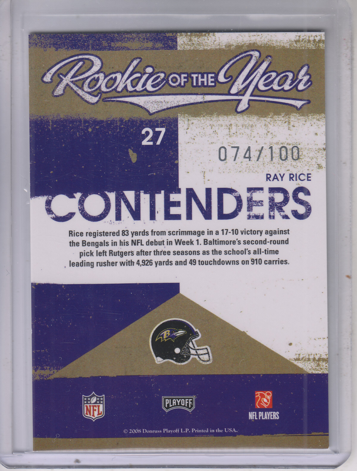 2008 Playoff Contenders ROY Contenders Gold #27 Ray Rice back image