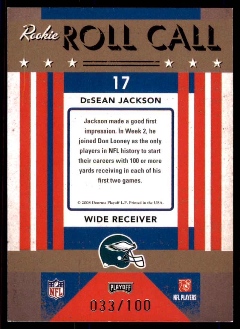 2008 Playoff Contenders Rookie Roll Call Gold #17 DeSean Jackson back image