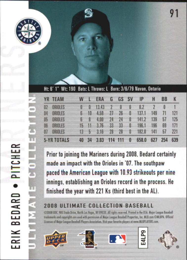 2008 Ultimate Collection #91 Erik Bedard back image