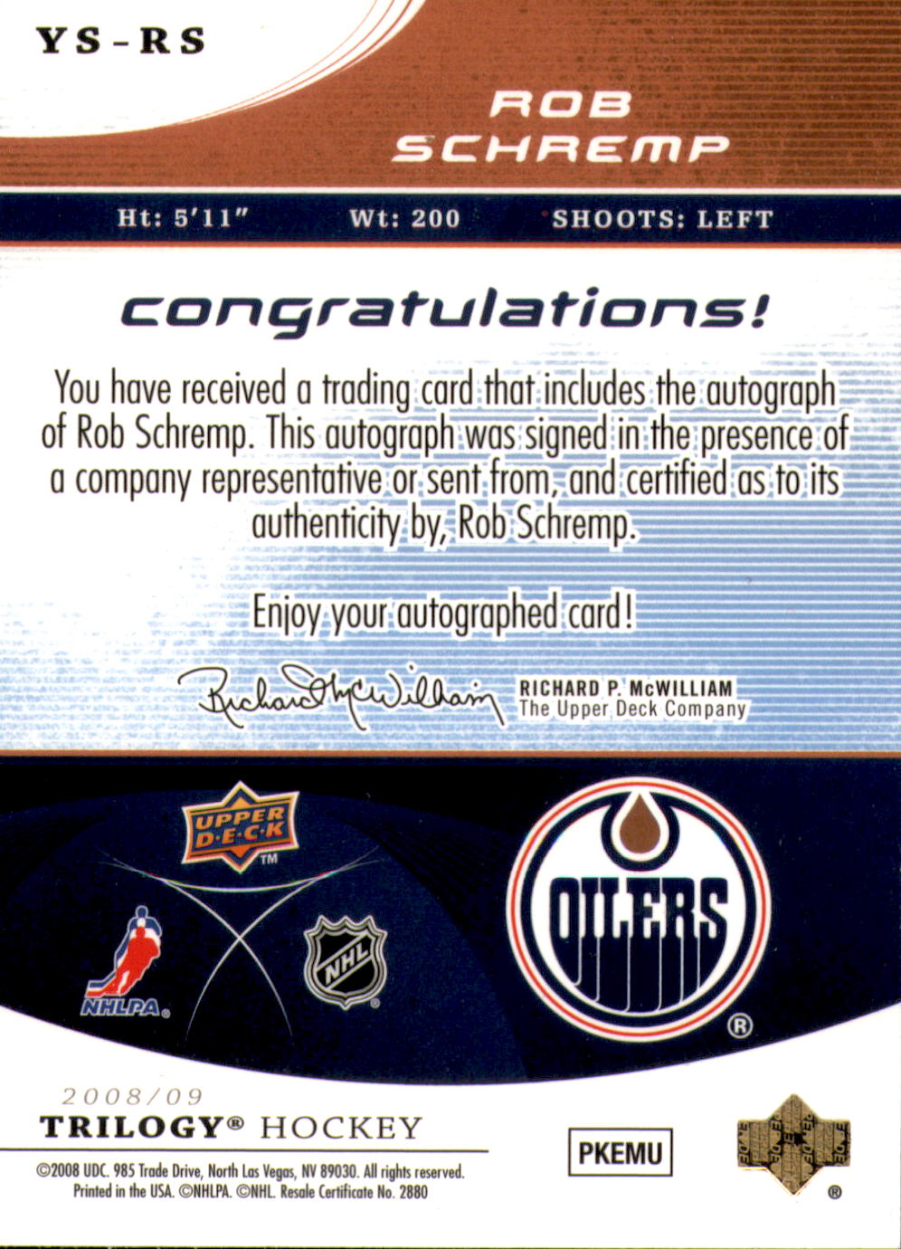 2008-09 Upper Deck Trilogy Young Star Scripts #YSRS Rob Schremp back image