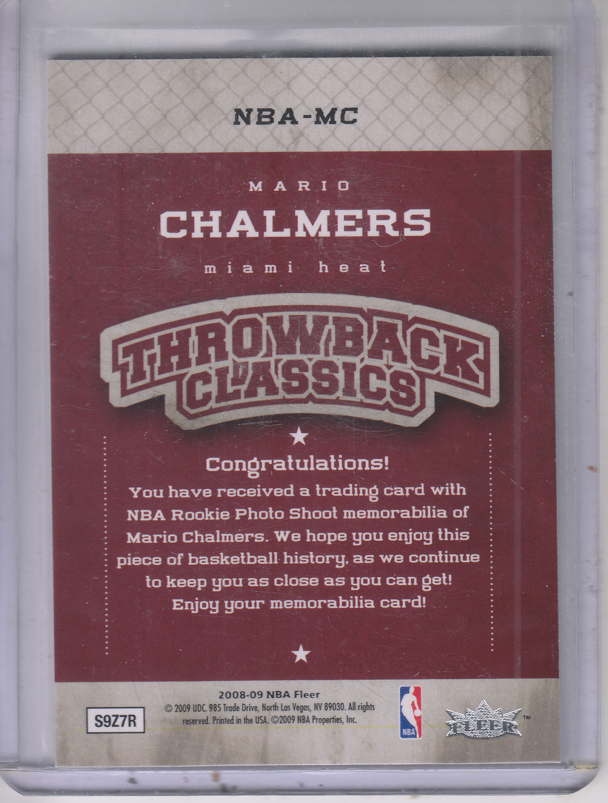 2008-09 Fleer NBA Classics #NBAMC Mario Chalmers back image