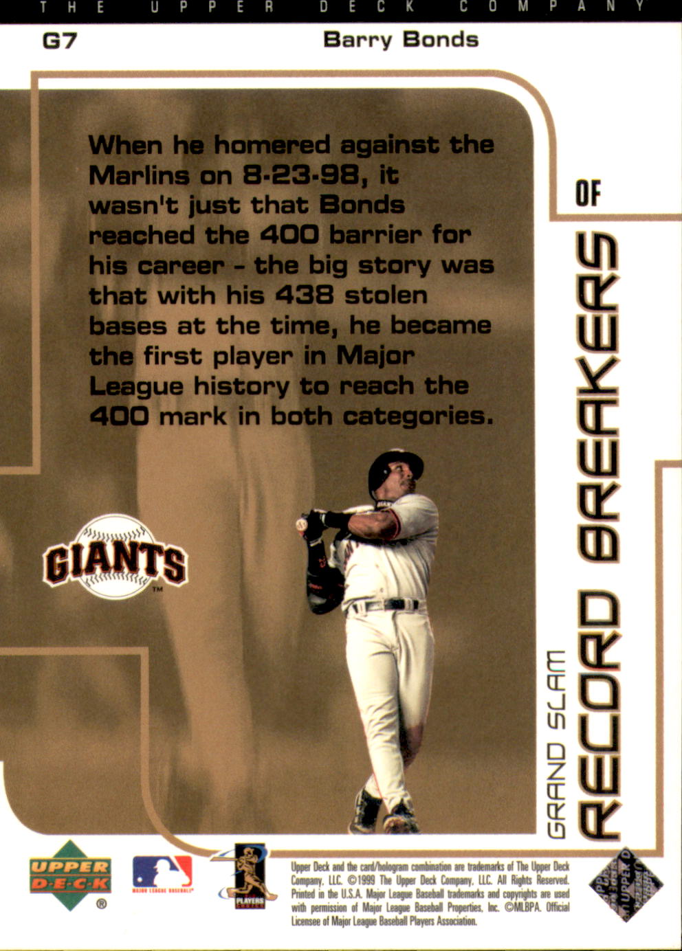 1999 UD Choice Record Breakers #G7 Barry Bonds back image