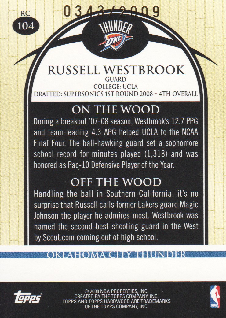 2008-09 Topps Hardwood #104 Russell Westbrook Shooting RC back image
