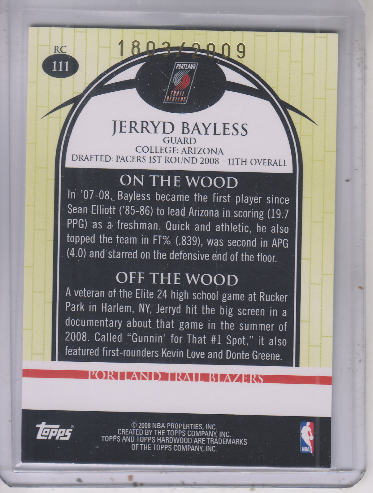 2008-09 Topps Hardwood #111 Jerryd Bayless Passing RC back image