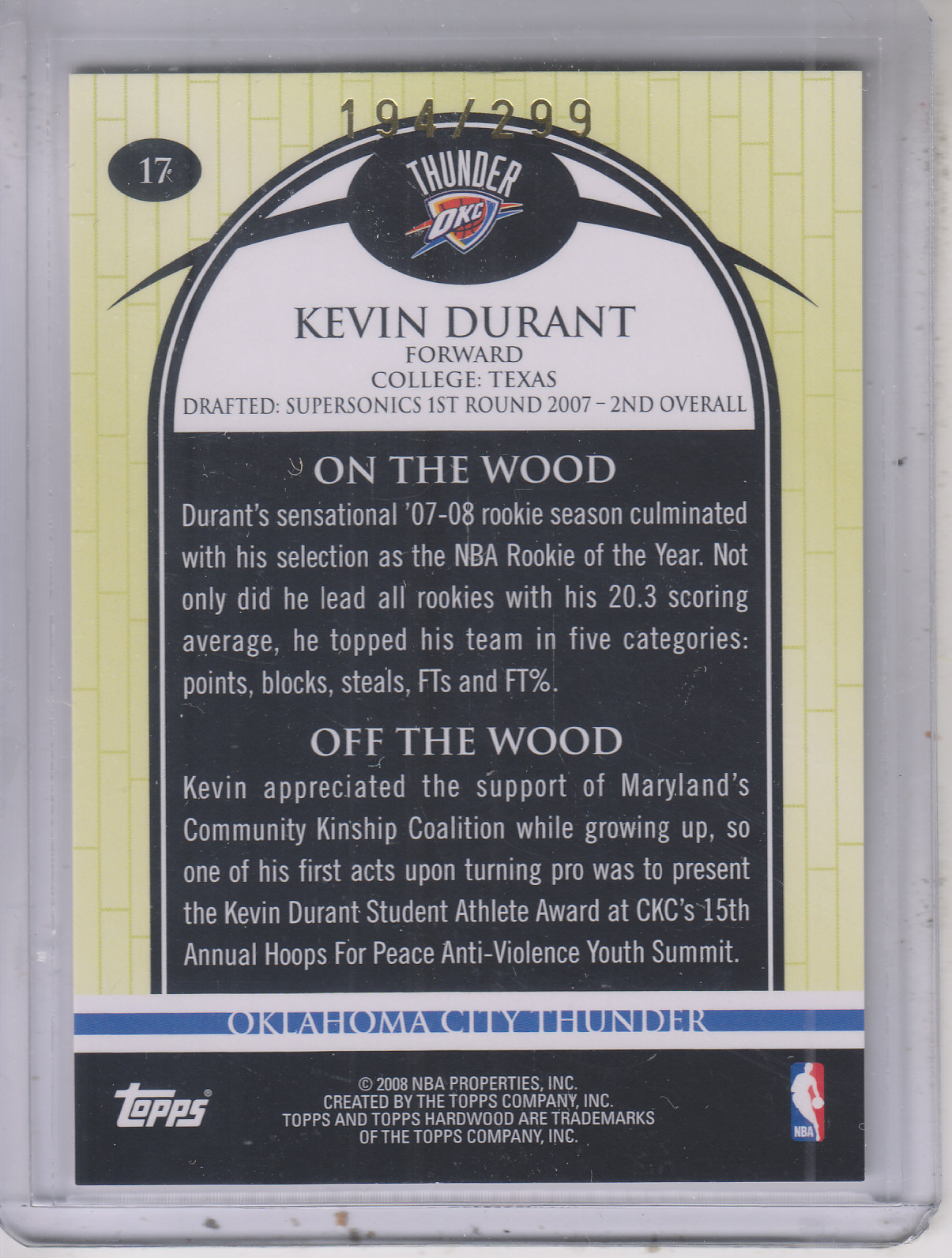 2008-09 Topps Hardwood Hardwood #17 Kevin Durant back image