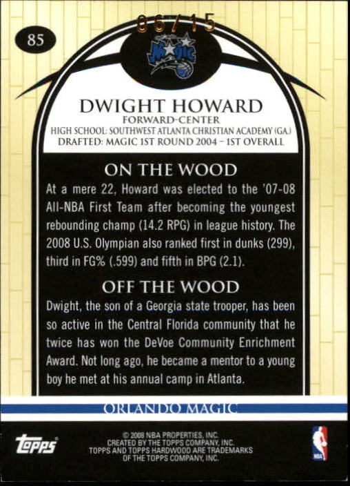 2008-09 Topps Hardwood Redwood #85 Dwight Howard back image