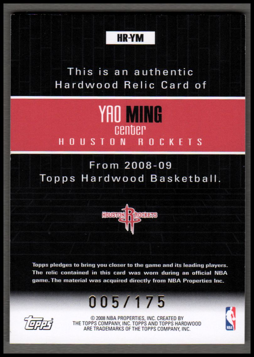 2008-09 Topps Hardwood Relics #HRYM Yao Ming back image