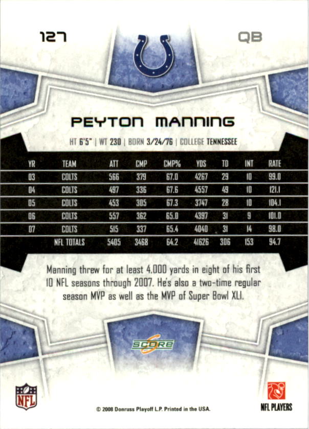 2008 Score Super Bowl XLIII #127 Peyton Manning back image