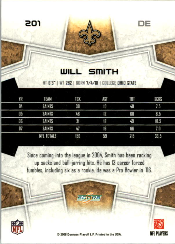 2008 Score Super Bowl XLIII #201 Will Smith back image