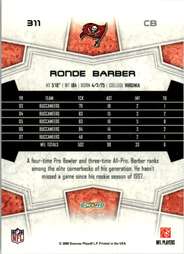 2008 Score Super Bowl XLIII #311 Ronde Barber back image