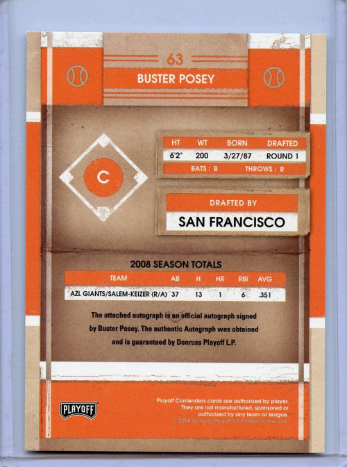 2008 Playoff Contenders #63 Buster Posey AU back image