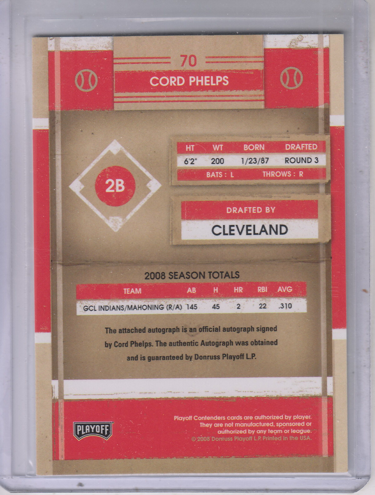 2008 Playoff Contenders #70 Cord Phelps AU/244 * back image