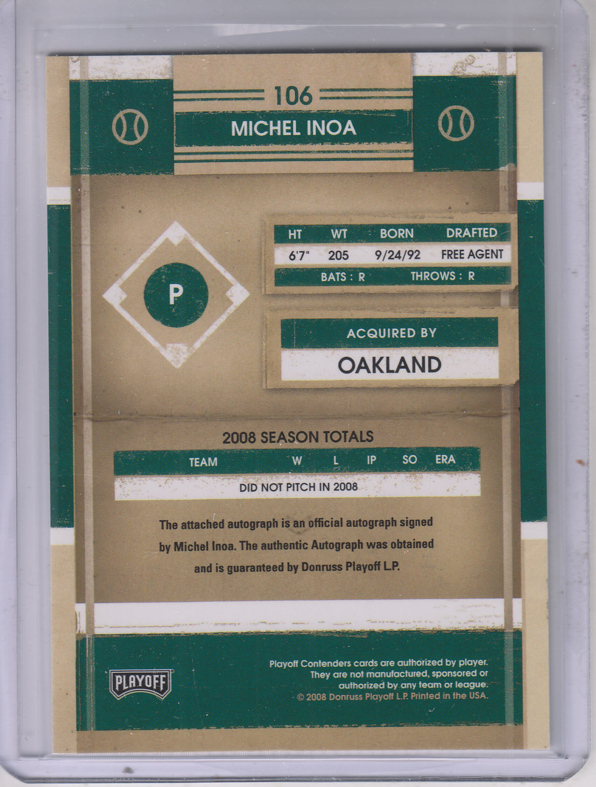 2008 Playoff Contenders #106 Michel Inoa AU back image