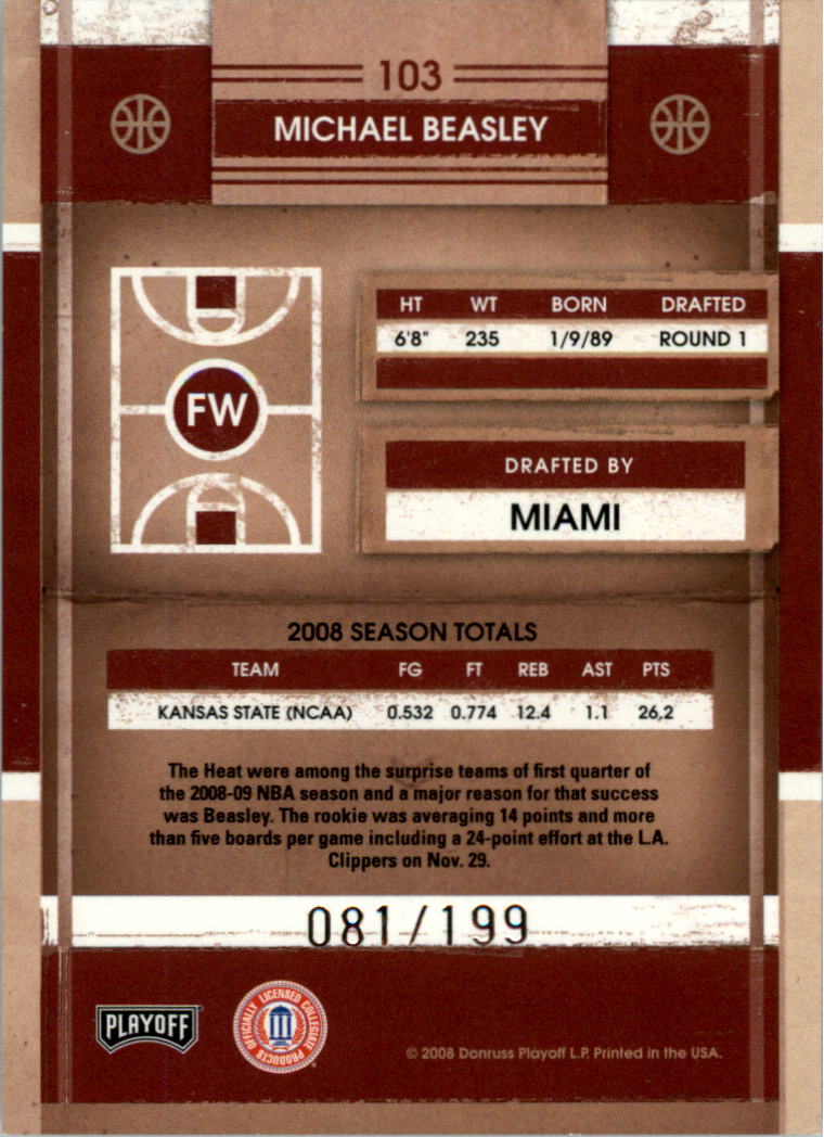 2008 Playoff Contenders Playoff Ticket #103 Michael Beasley back image