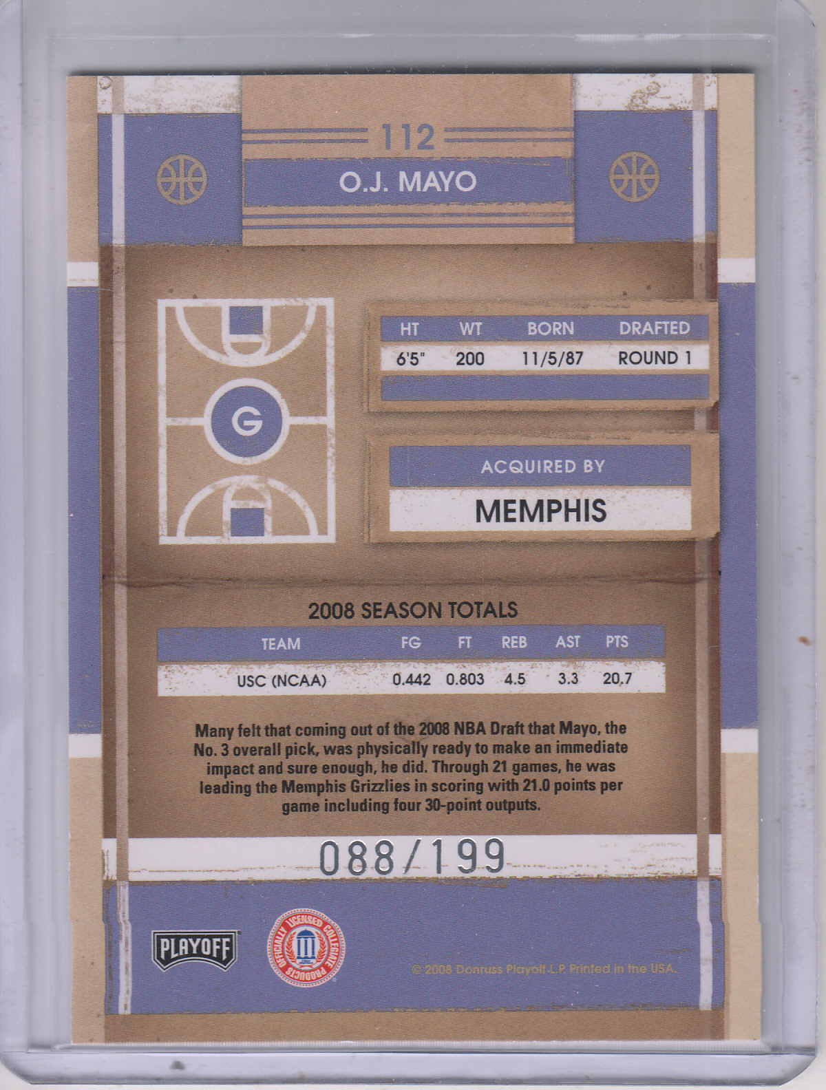 2008 Playoff Contenders Playoff Ticket #112 O.J. Mayo back image