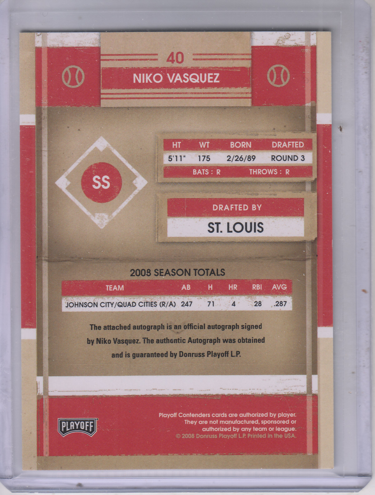 2008 Playoff Contenders Season Ticket Autographs #40 Niko Vasquez back image