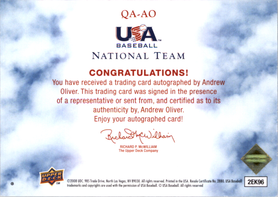 2008-09 USA Baseball National Team Q and A Autographs #QAAO Andrew Oliver/20 back image