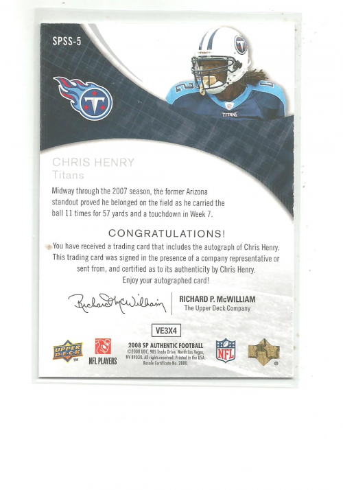 2008 SP Authentic SP Star Signatures #SPSS5 Chris Henry RB back image