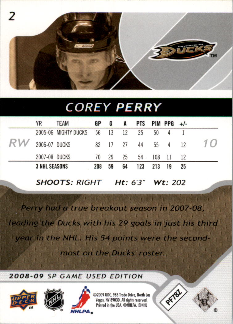2008-09 SP Game Used #2 Corey Perry back image