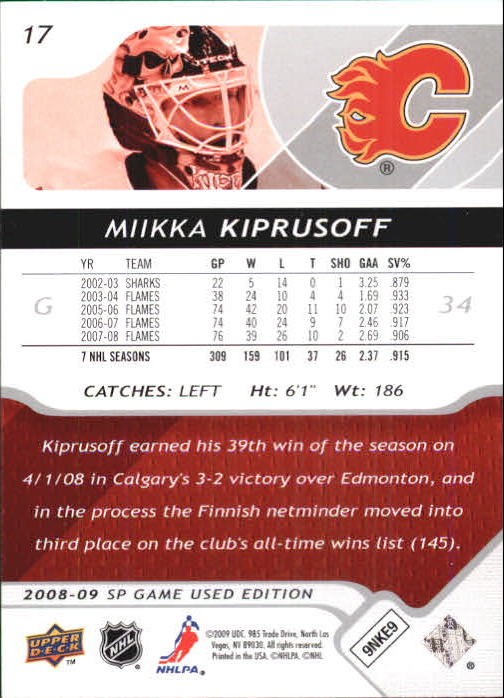 2008-09 SP Game Used #17 Miikka Kiprusoff back image