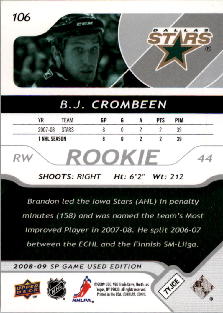 2008-09 SP Game Used #106 B.J. Crombeen RC back image