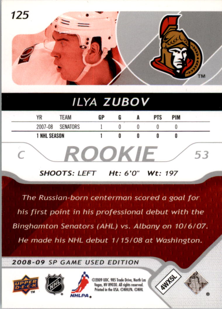 2008-09 SP Game Used #125 Ilya Zubov RC back image