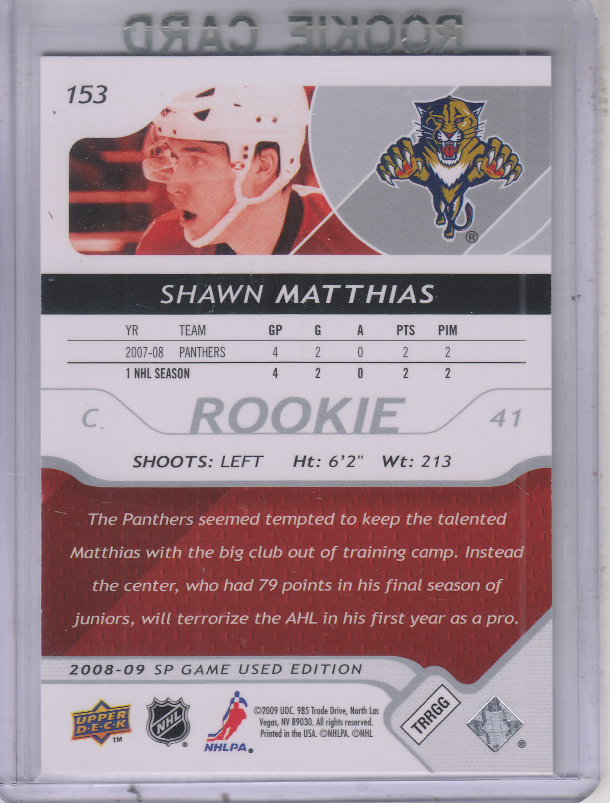 2008-09 SP Game Used #153 Shawn Matthias RC back image