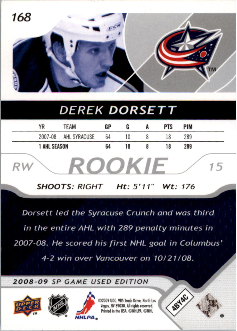 2008-09 SP Game Used #168 Derek Dorsett RC back image