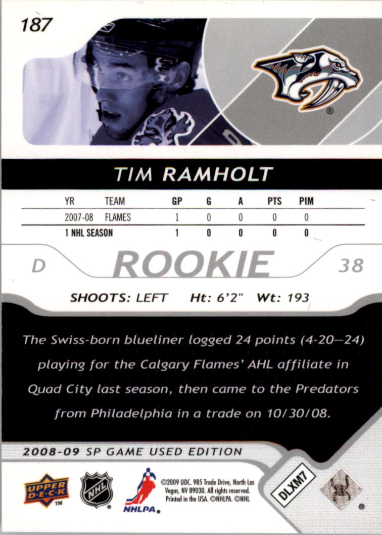 2008-09 SP Game Used #187 Tim Ramholt RC back image
