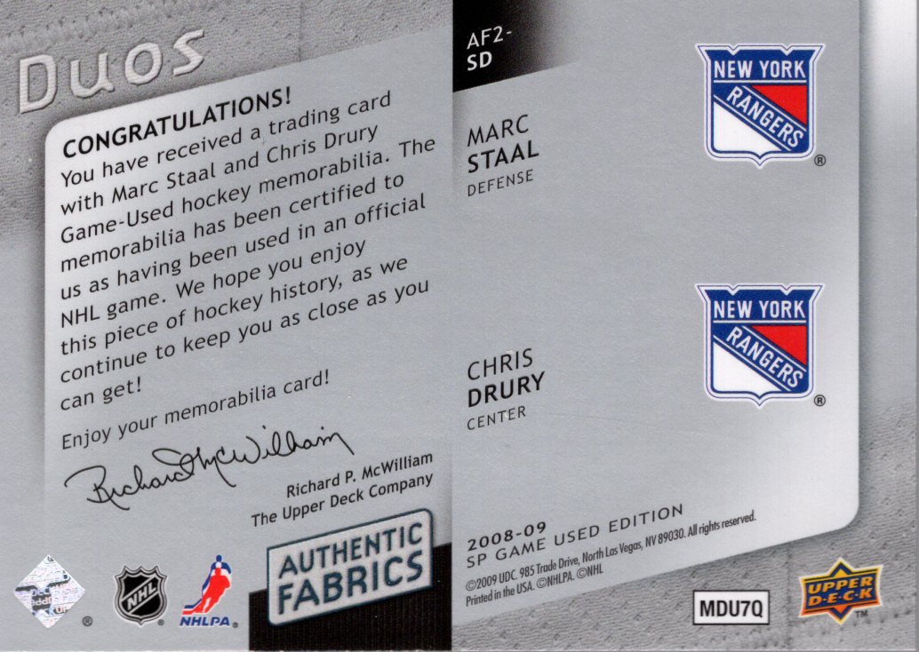 2008-09 SP Game Used Authentic Fabrics Duos #AF2SD Marc Staal/Chris Drury back image