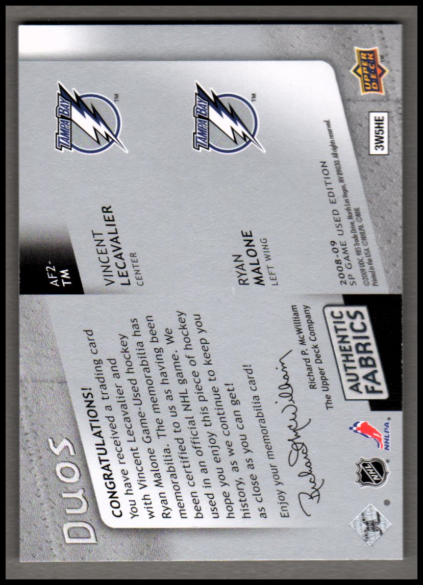 2008-09 SP Game Used Authentic Fabrics Duos #AF2TM Vincent Lecavalier/Ryan Malone back image