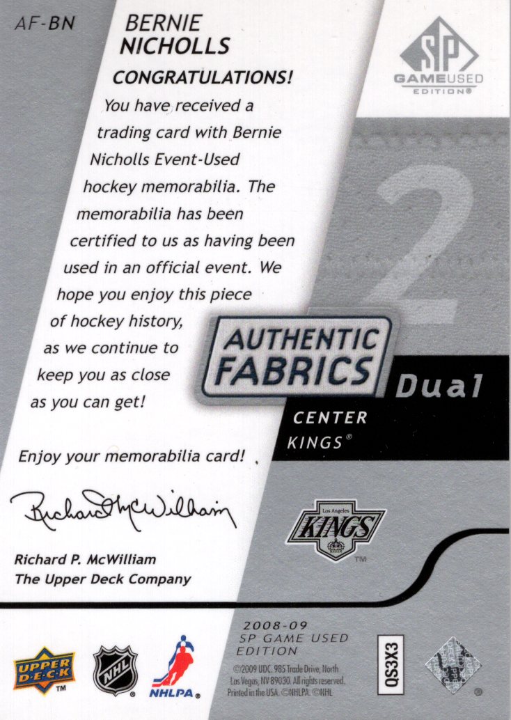 2008-09 SP Game Used Dual Authentic Fabrics #AFBN Bernie Nicholls back image