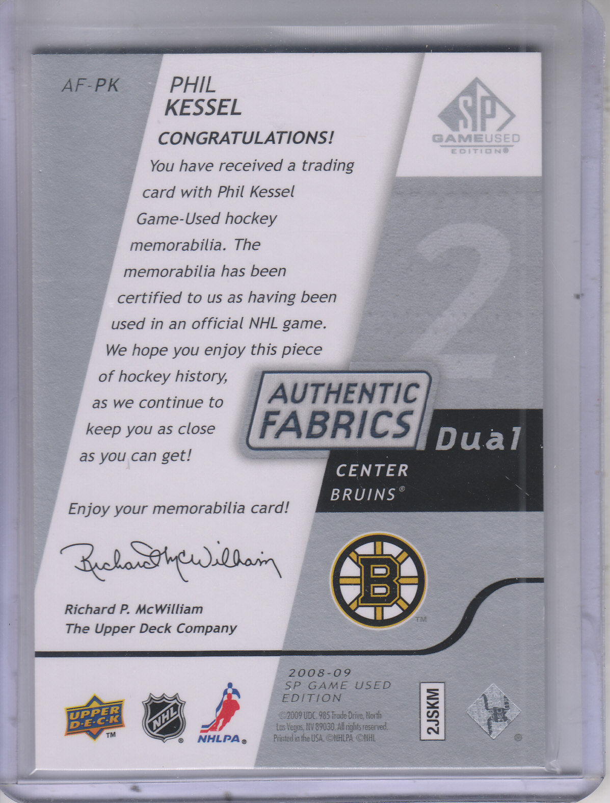 2008-09 SP Game Used Dual Authentic Fabrics #AFPK Phil Kessel back image